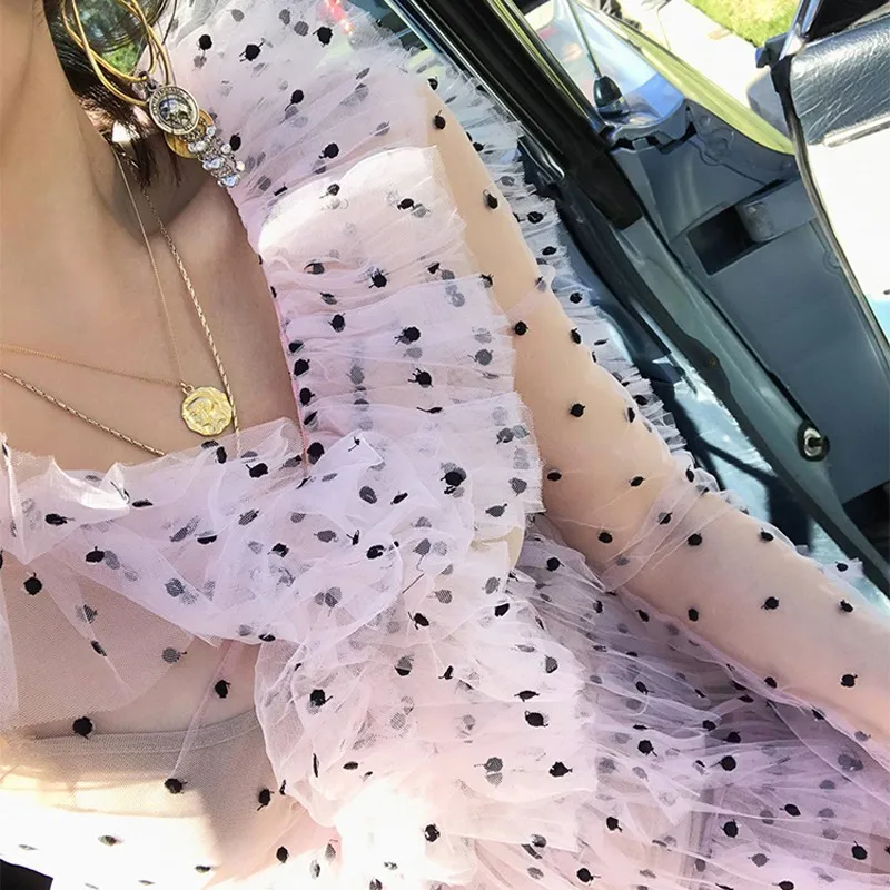 

[LIVIVIO] Polka Dot Mesh Ruffle Long Sleeve 2019 Summer Elegant Laides Pink Dress for Women Korean Sexy Mini Dresses Clothes New