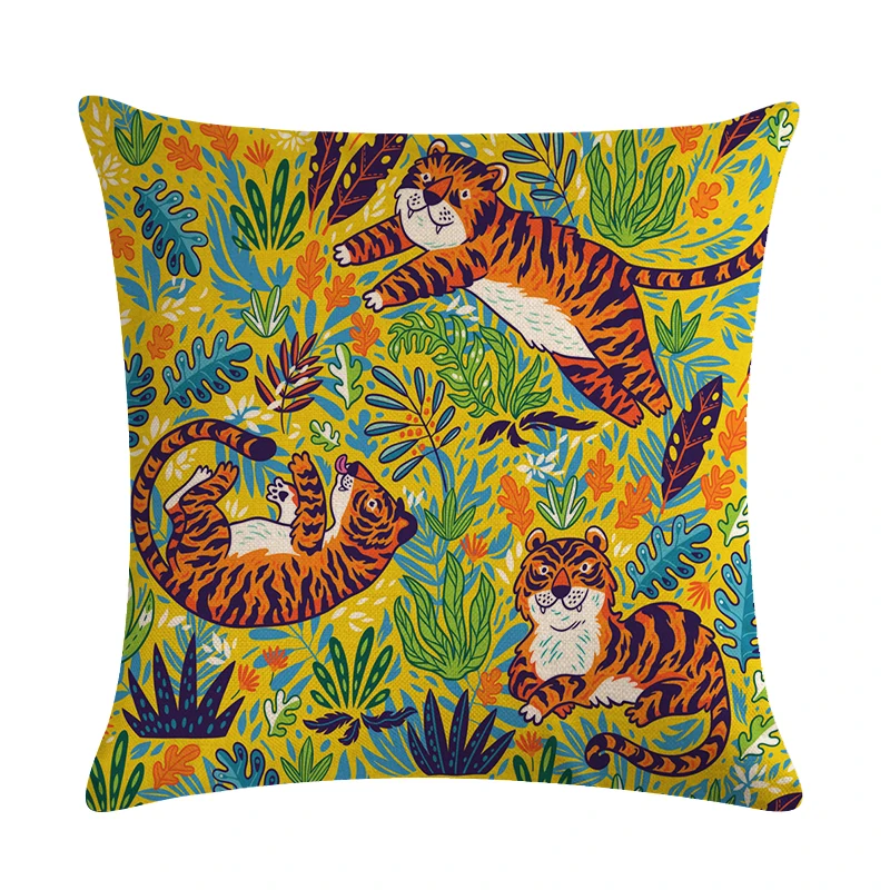 Cute Cartoon Pattern Plant Pillowcase Tiger Pillow Case Married Couples Kitten Cushions Cover Outdoor Chair 45x45cm | Дом и сад
