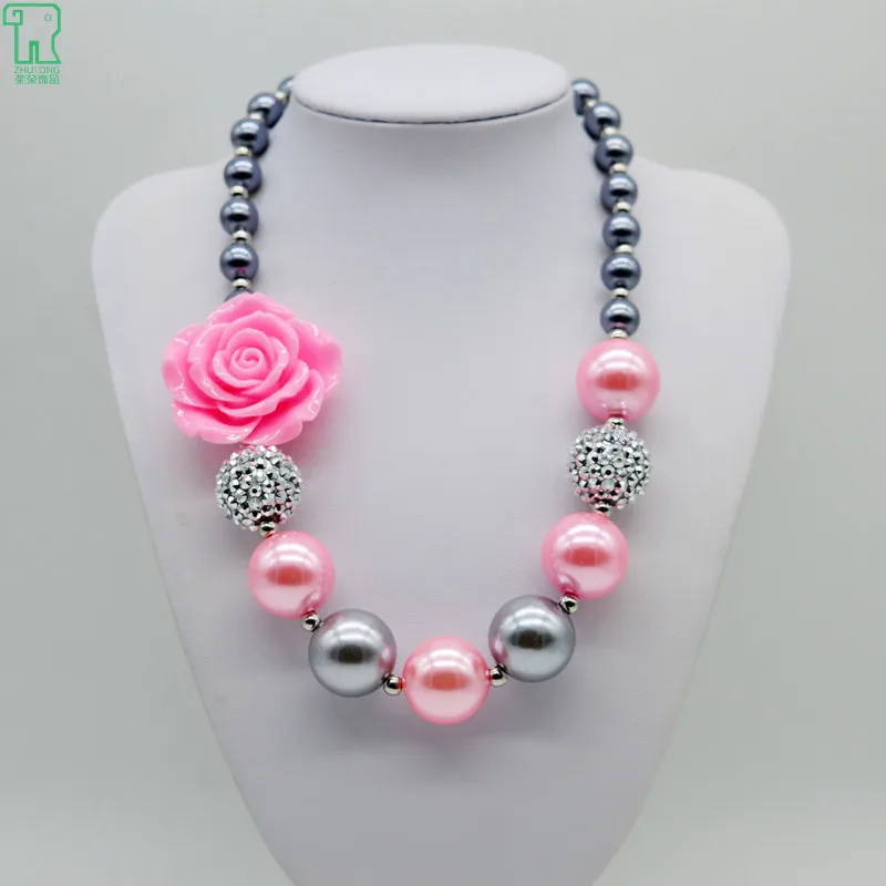 

5PCS Children's Chunky Rose Pearl Necklace New Girls Resin Flower Beaded Necklace kids Round and Pink Pearl Jewelry