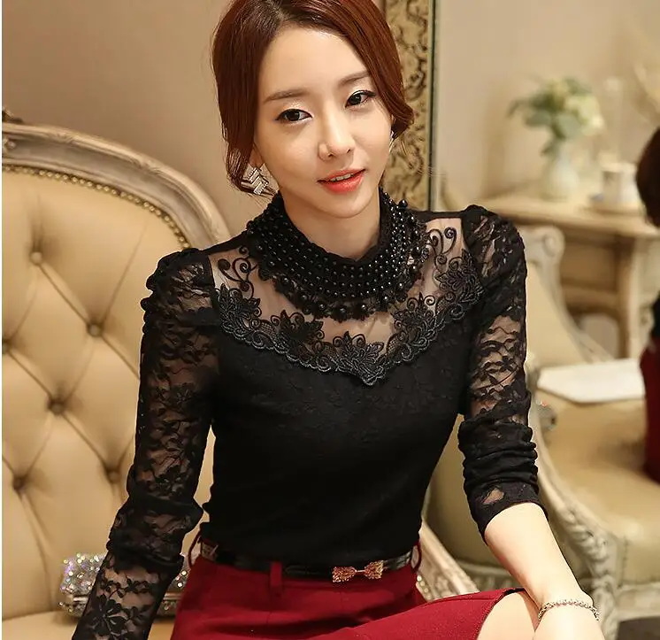 Women Lace Blouse Autumn Long sleeve Beaded shirts Elegant crochet tops Mesh Chiffon Blouse Female clothing