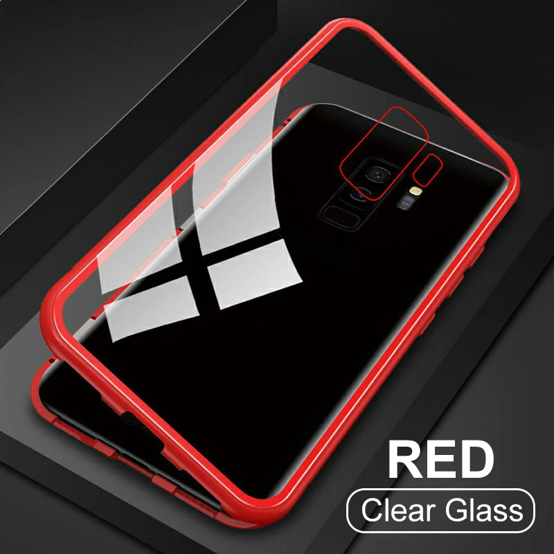 Clear Red GETIHU металлический магнитный чехол для samsung Galaxy S10 Edge S9 S8 Plus Note 9 8 S7, чехол для мобильного телефона+ Магнитный чехол из закаленного стекла - Цвет: Clear Red