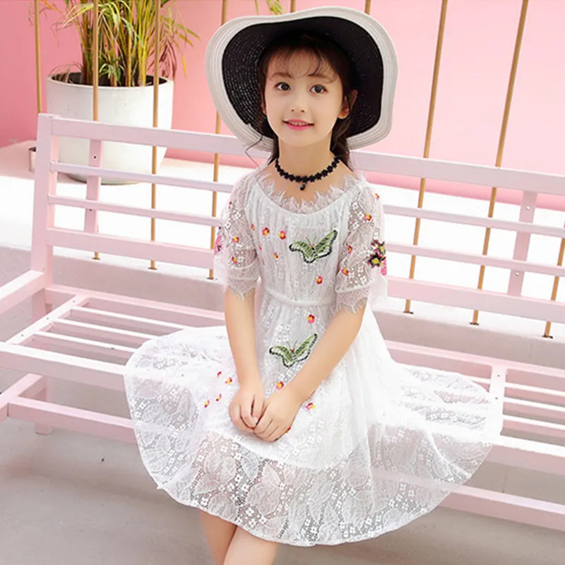 

DFXD 2018 England Style High Quality Teen Girls Summer Dress New Short Sleeve Shoulderless Lace Embroidery Princess Dress 3-14Y