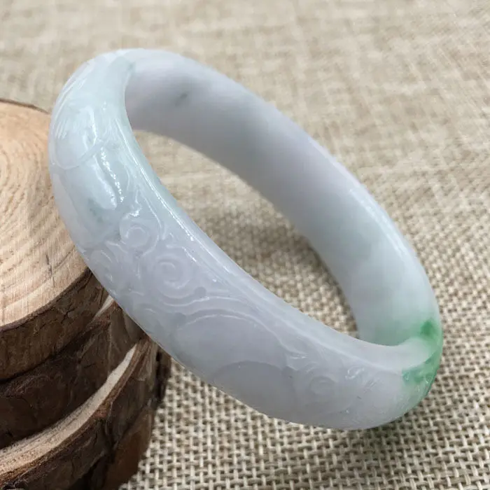 A-946 Старинные Китайский Ручной резьбой Белый Зеленый Жадеит Джейд Браслет 58 мм |