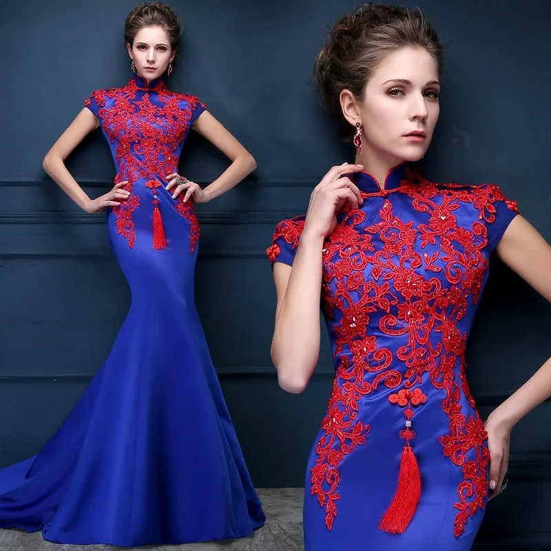 Королевский Синий Атлас со шлейфом долго Cheongsam платья Стенд воротник вышивка Qipao