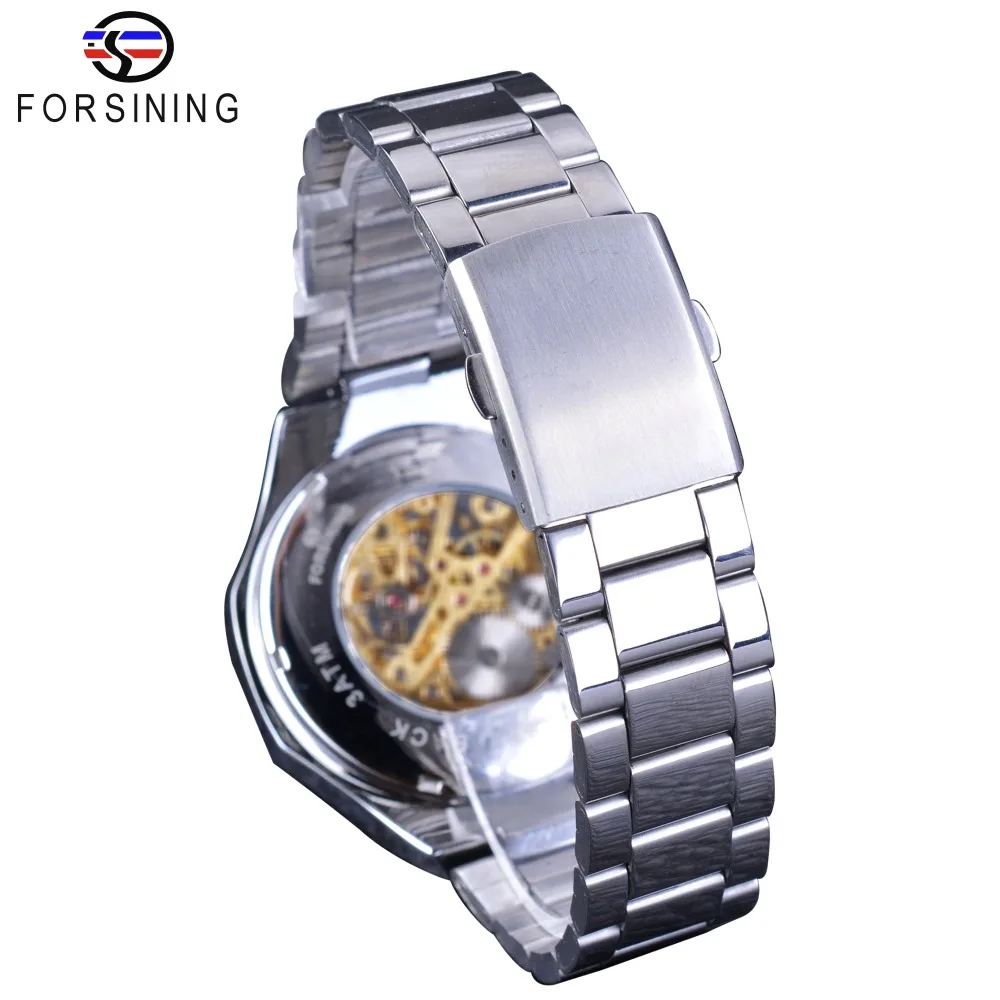 Мужские наручные часы Forsining Золотые спортивные из нержавеющей стали с серебряным