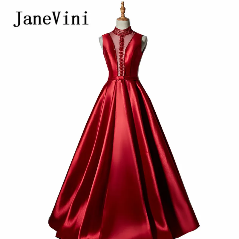 JaneVini 2018 Red Beading Long Bridesmaid Dresses A-Line High Neck Sleeveless Floor Length Plus Size Wedding Guest Dress Formal | Свадьбы и