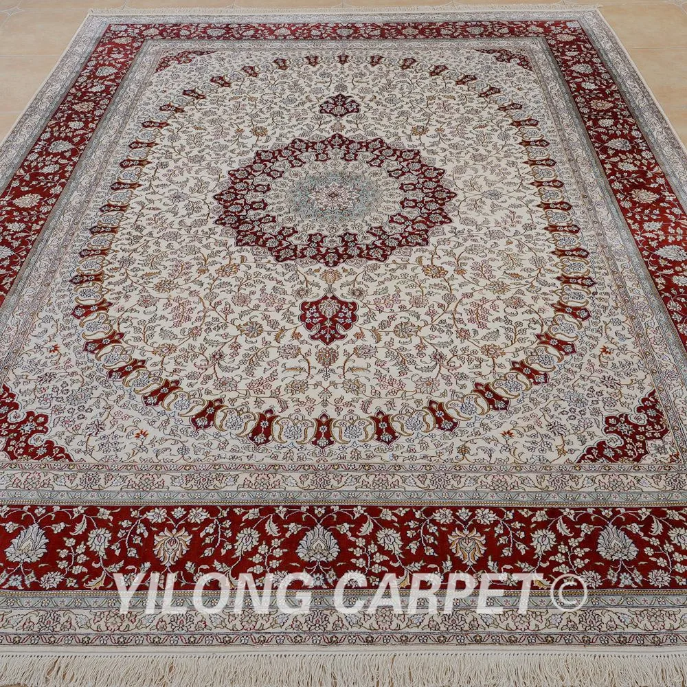 Koop Yilong 9'x12 'Vantage Perzische Zijden Kleed Grote Beige Medaillon Antiek Iran Zijden Tapijt (0909)
