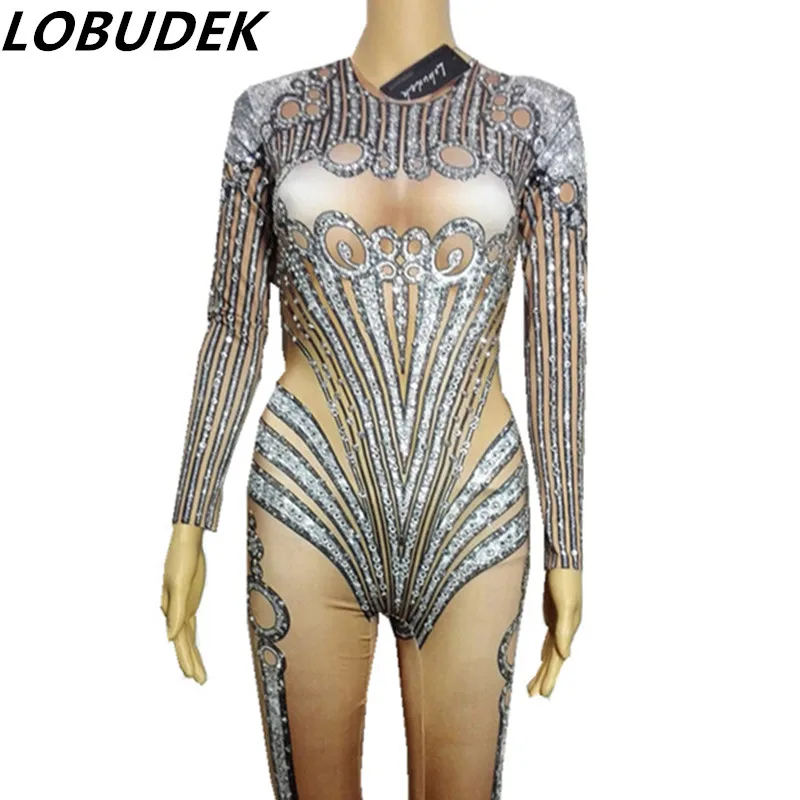Rhinestones Crystals Jumpsuit Female Costume sexy stretch outfit singer dancer nightclub Stage Party bar Prom performance show