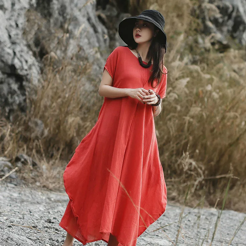 Новинка 2019 винтажное платье короткое однотонное свободное до середины икры