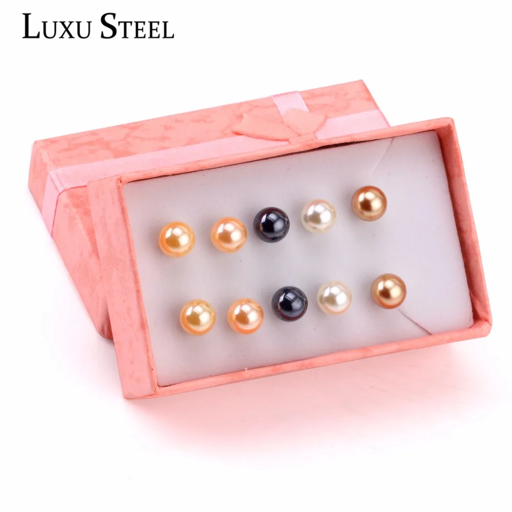 Люксу сталь 5 пар/кор. серьги-гвоздики наборы женские Bijoux Круглый Имитация