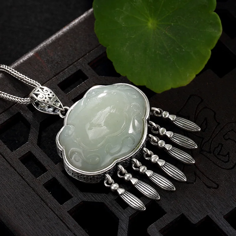 

Silver S925 Pure Silver Antique Mosaic And Tian Yu White Jade Copper Coin, Like Lady Tassel, Long Pendant Wholesale