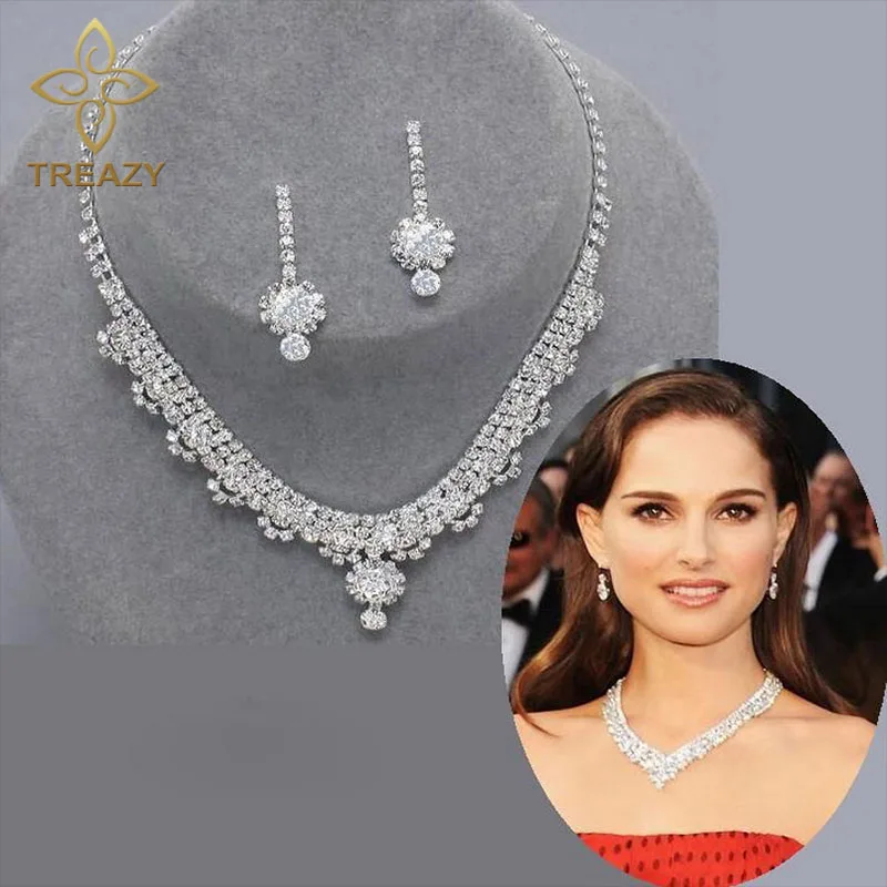 TREAZY New Celebrity Inspired Diamante Crystal Tennis Statement Necklace Earrings Set Wedding Bridal Bridesmaid Jewelry Sets | Украшения и