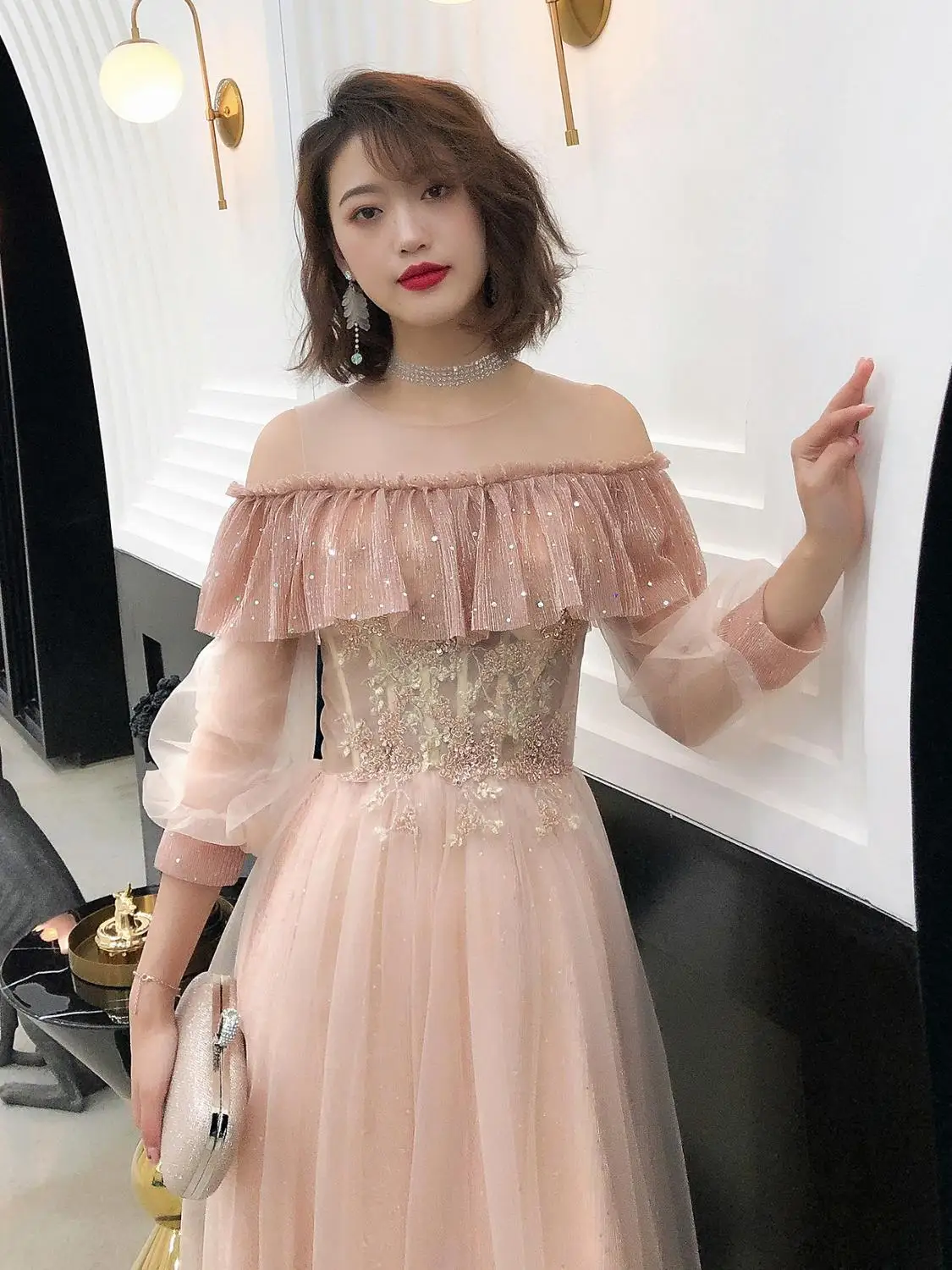 Блестящие банкетные платья Сетчатое шифоновое длинное платье с круглым вырезом