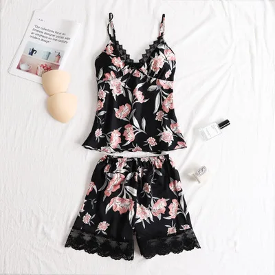 black 2pcs Daeyard женские 4 шт. пижамы костюмы лето шелк комбинезон с принтом женские пижамы Ночная одежда Mujer Цветочная домашняя пижама - Цвет: black 2pcs