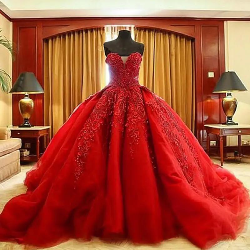 

Luxury Ball Gown Vestido de noiva Red Dubai Arabic Wedding Gowns Off Shoulder Appliqued Beads Middle East Wedding Bride Dress