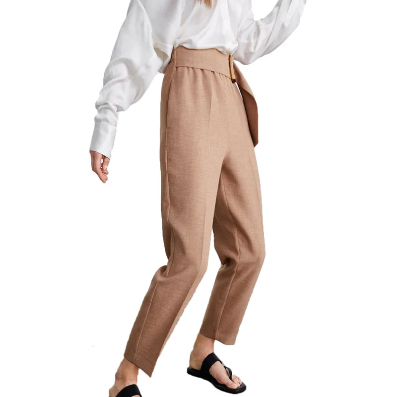 2019 летнее повседневное хаки Штаны женские брюки с высокой талией на шнуровке