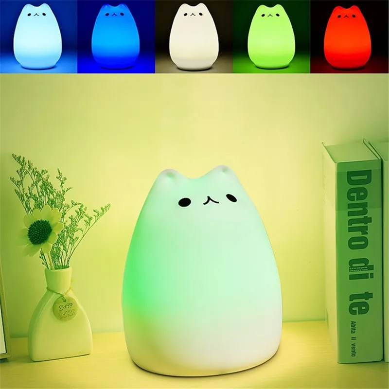 

Premium 7 Colors Cat LED USB Children Animal Night Light Silicone Soft Cartoon Baby Nursery Lamp Breathing LED Night Light
