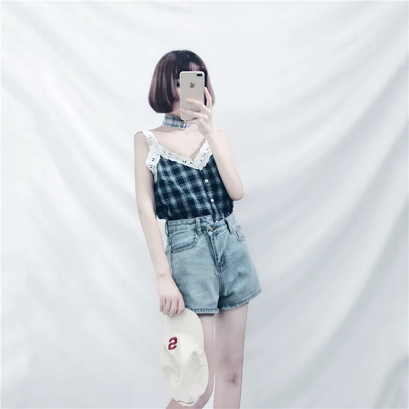 Милые женские клетчатые майки свободный кружевной летний Свитшот без рукавов в