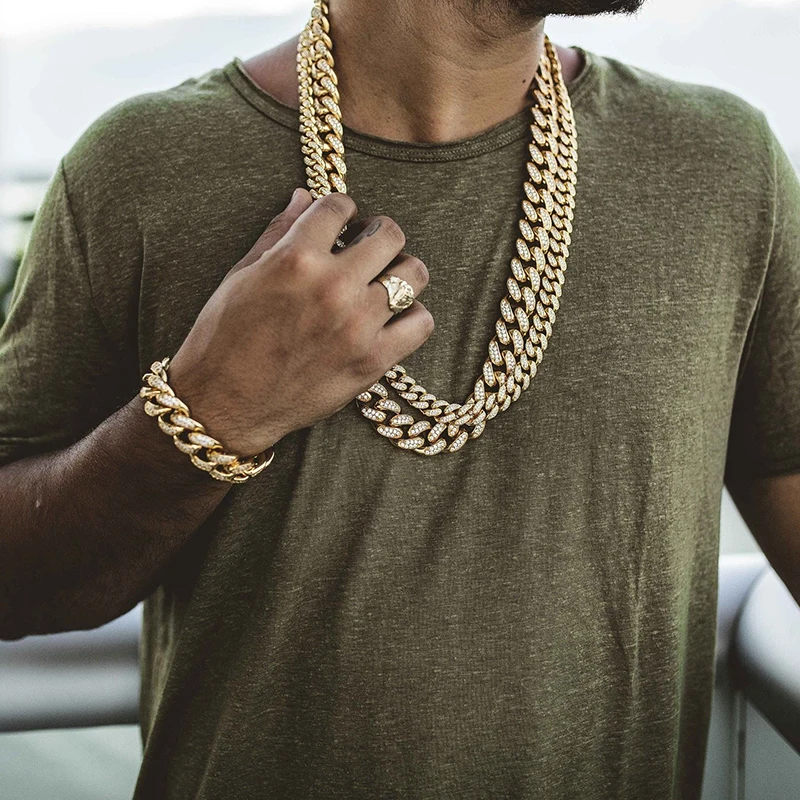 

Miami Curb Cuban Chain Necklace For Men Gold Silver Hip Hop Iced Out Paved Rhinestones CZ Rapper Necklace Jewelry