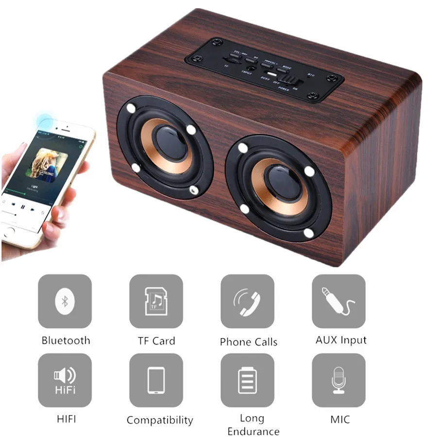 Ретро Деревянный Bluetooth Динамик HIFI Беспроводной 3D Двойные Громкоговорители