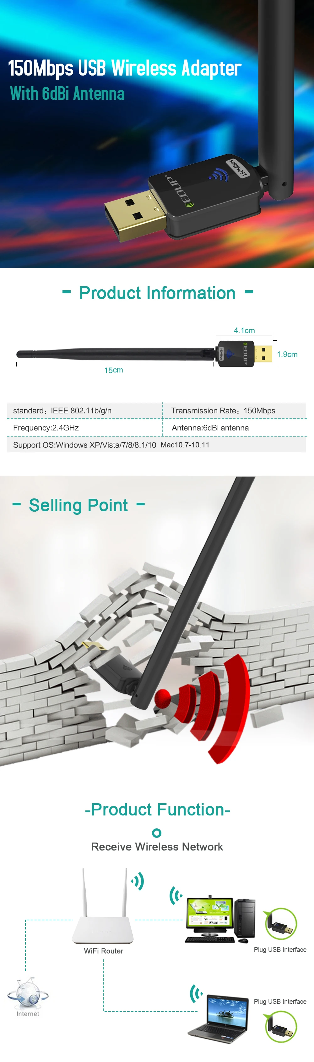 EDUP usb wifi адаптер 150 Мбит/с высоким коэффициентом усиления 6dbi wifi антенна 802.11n usb Wi-Fi приемник Ethernet Сетевая карта