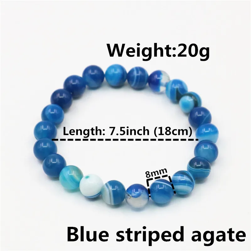 Blue striped agate 8 мм Striated оникс тигровый глаз кошачий глаз халцедон гранат Aquamarines браслеты, круглые бусины натуральный камень для изготовления ювелирных украшений - Окраска металла: Blue striped agate