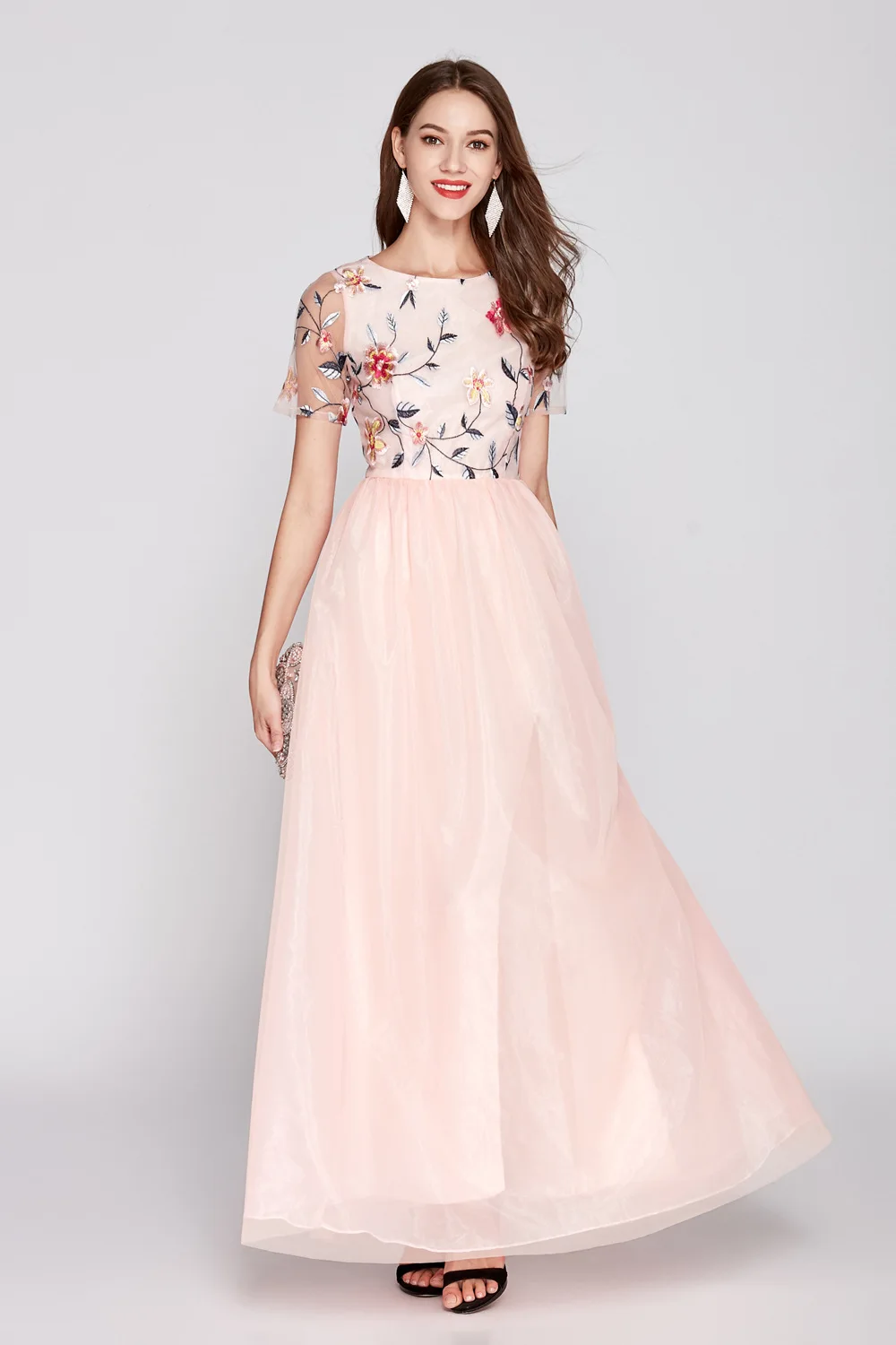 Женское платье с о вырезом и коротким рукавом Модное Длинное дизайнерское для