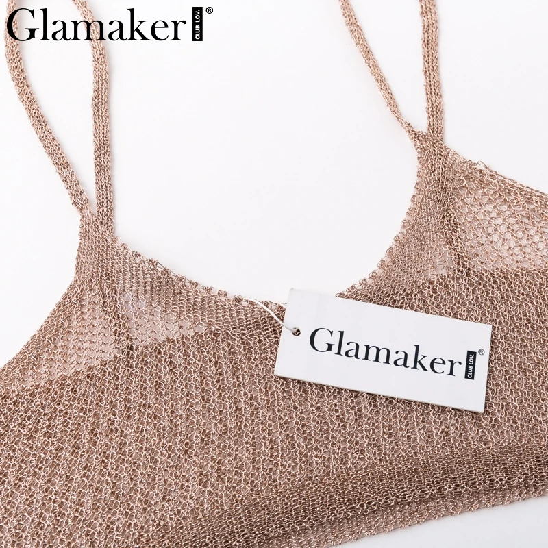 Женский топ на бретельках Glamaker золотисто металлический Вязаный блестящий