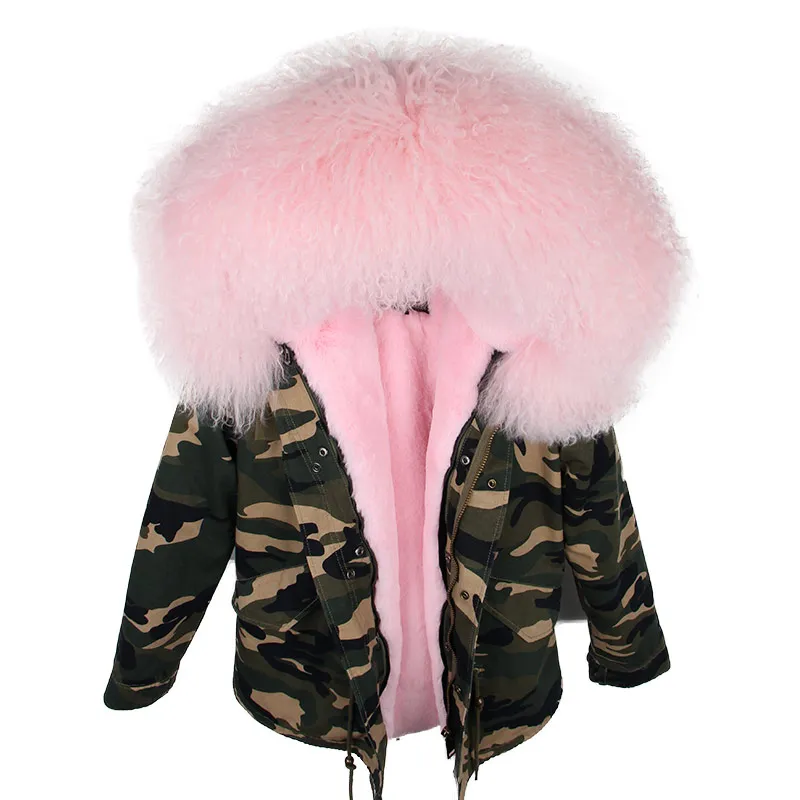 camo pink Зимняя женская куртка, парка из натурального меха, натуральная монгольская овечья шерсть, пальто с капюшоном, верхняя одежда, Толстая теплая уличная одежда, модный бренд, новинка - Цвет: camo pink