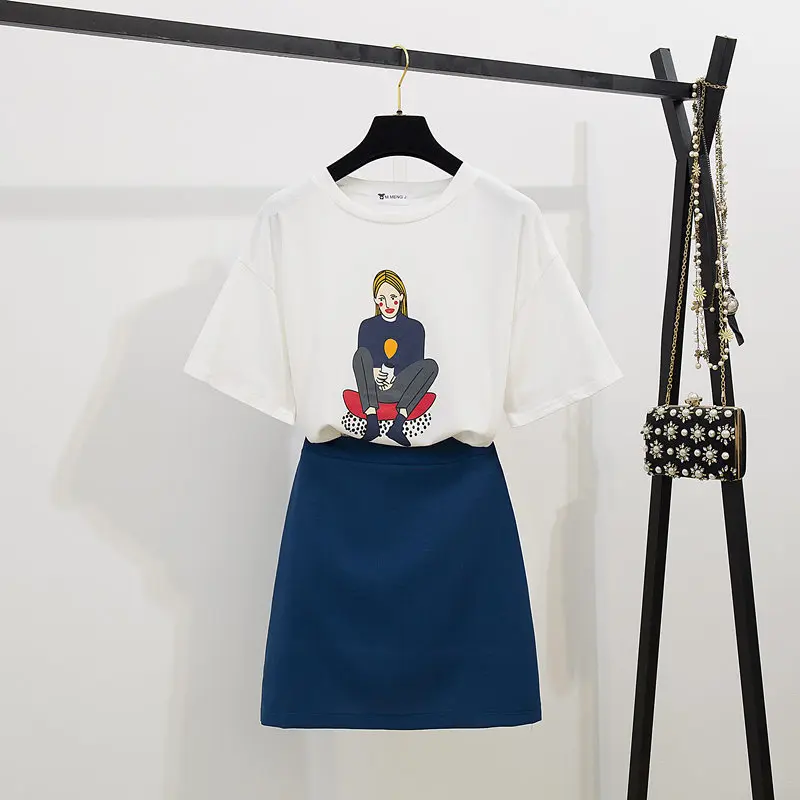 2019 летняя футболка с рисунком для женщин и девочек + тонкая юбка комплекты из 2