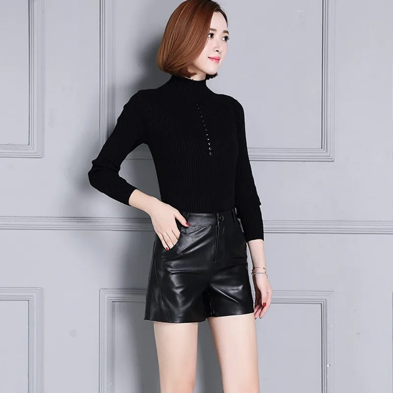 Real Leather Casual Streetwear High Waist Black Female Shorts Straight Punk Korean Fashion Sheepskin OL Plus Size 4XL Trousers