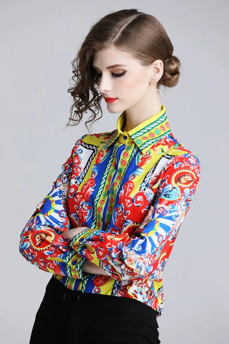 Fashion new Spring Autumn women turn-down collar casual European style pattern print shirts long sleeve office lady work |