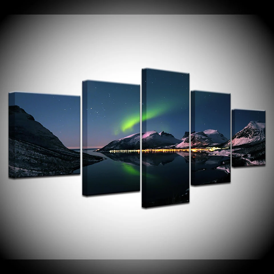 5 панелей HD печать снег гора Аврора borealis Ночной пейзаж на холсте художественная