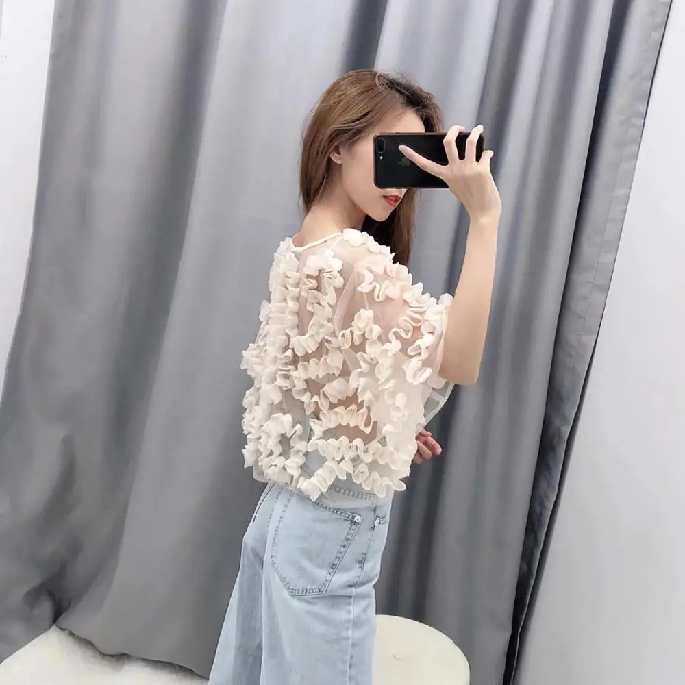 Сексуальная короткая блузка с прозрачной текстурой и оборками рубашка 2019 летняя