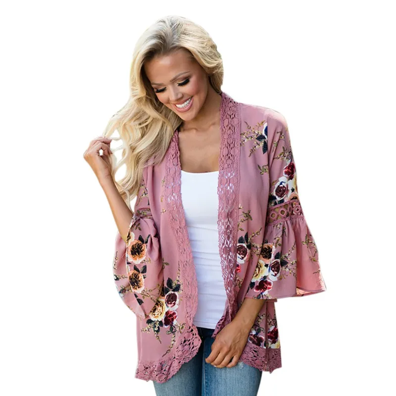 Шифоновая кружевная рубашка в стиле пэчворк с цветочным принтом блузка длинными