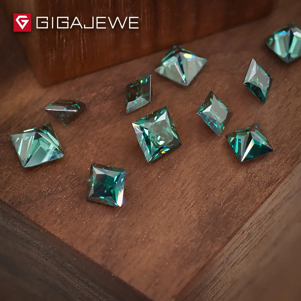 GIGAJEWE темно-зеленый цвет принцесса огранка 5,5 мм 1-1.5ct необычный Прозрачный камень Муассанит для свадьбы обручальное кольцо набор