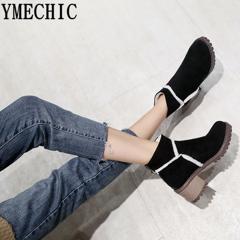 YMECHIC/2018 Модные женские ботинки из флока зимние на высоком блочном каблуке большие