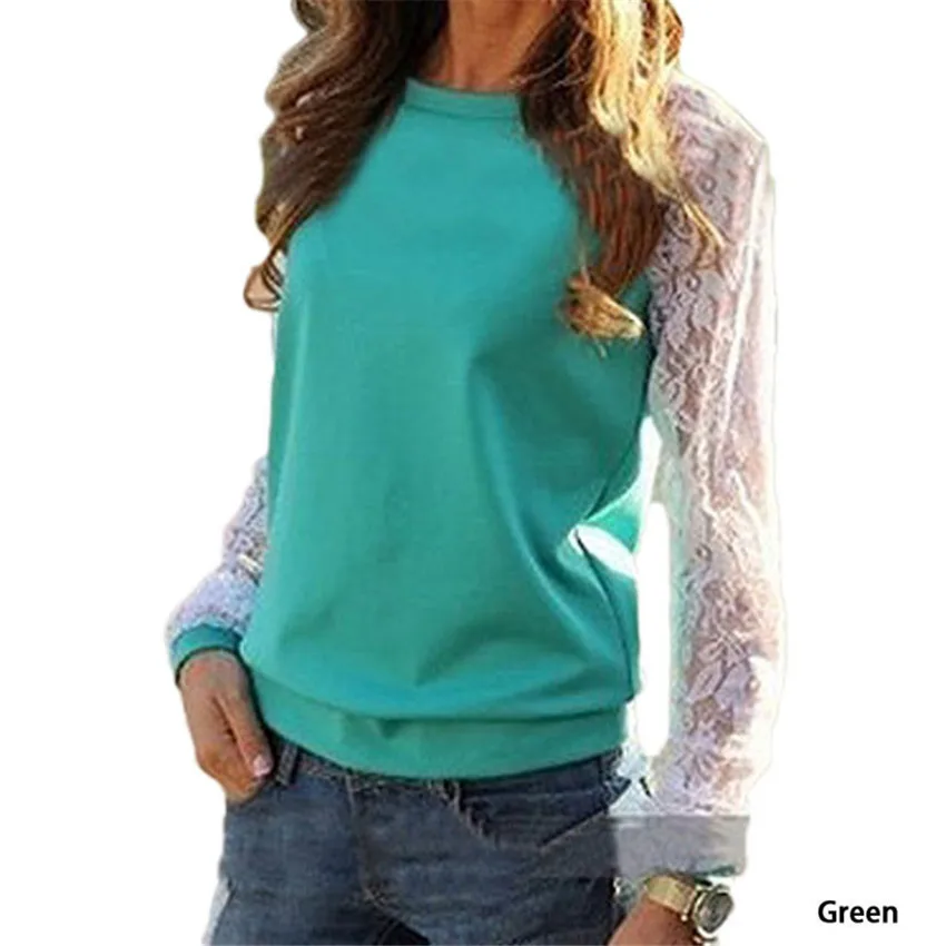 Blusa Feminina 2015 Women Casual Long Sleeve Lace Blouse Shirt O Neck Tops Solid Blouses Shirts Plus Size XXL |