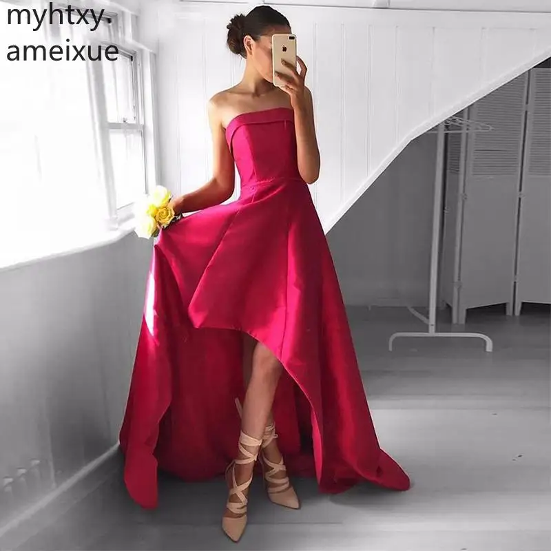 Custom Simple High Low Prom Dresses Strapless Fuchsia Satin Formal Party Gowns 2021 Cheap Short Front Long Back Abendkleider
