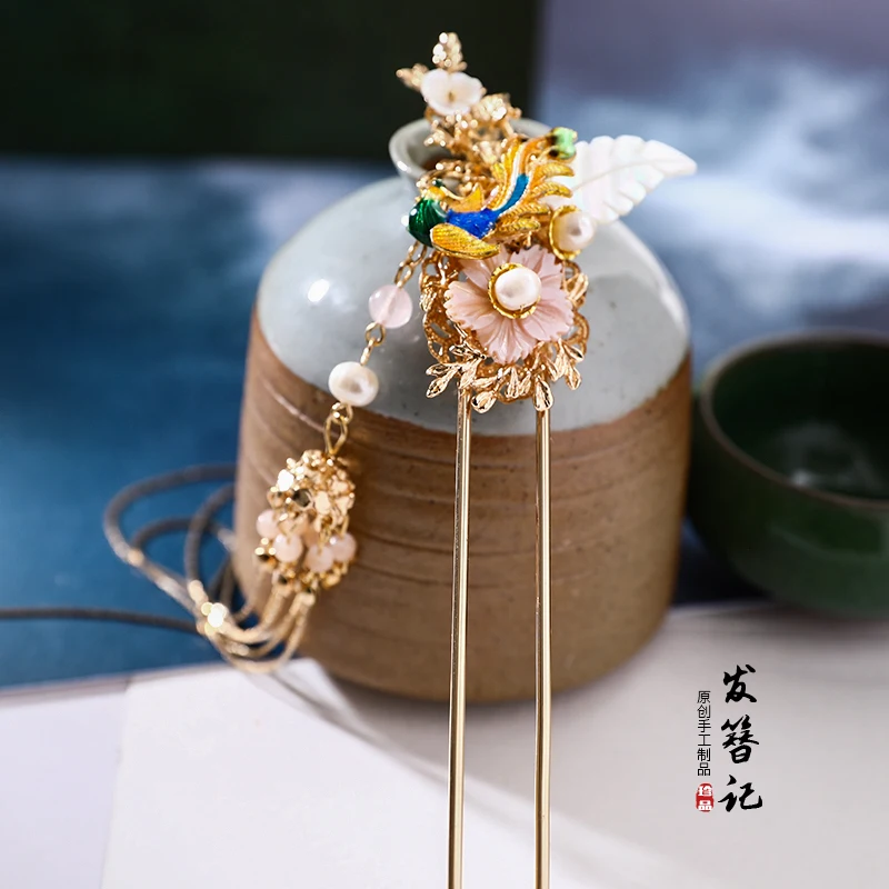 Китайская Винтажная заколка для волос с кисточками и цветами Феникс ручной