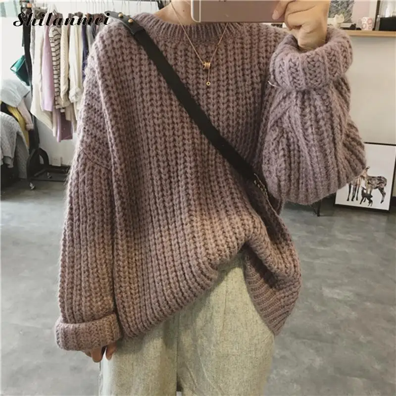 Корейский ретро Конопляный вязаный свитер Женский Повседневный свободный с