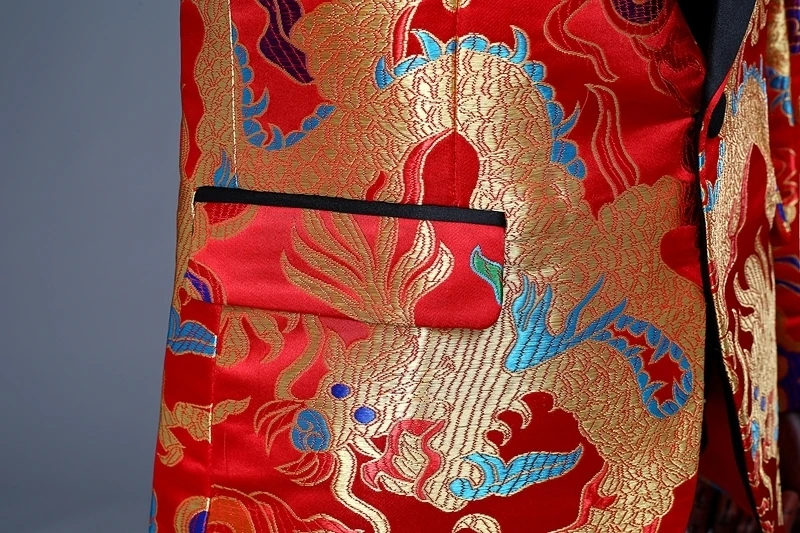 

PYJTRL Mens Chinese Style Red Jacquard Embroidery Dragon Pattern Blazer Masculino Slim Fit Design Wedding Groom Suit Jacket