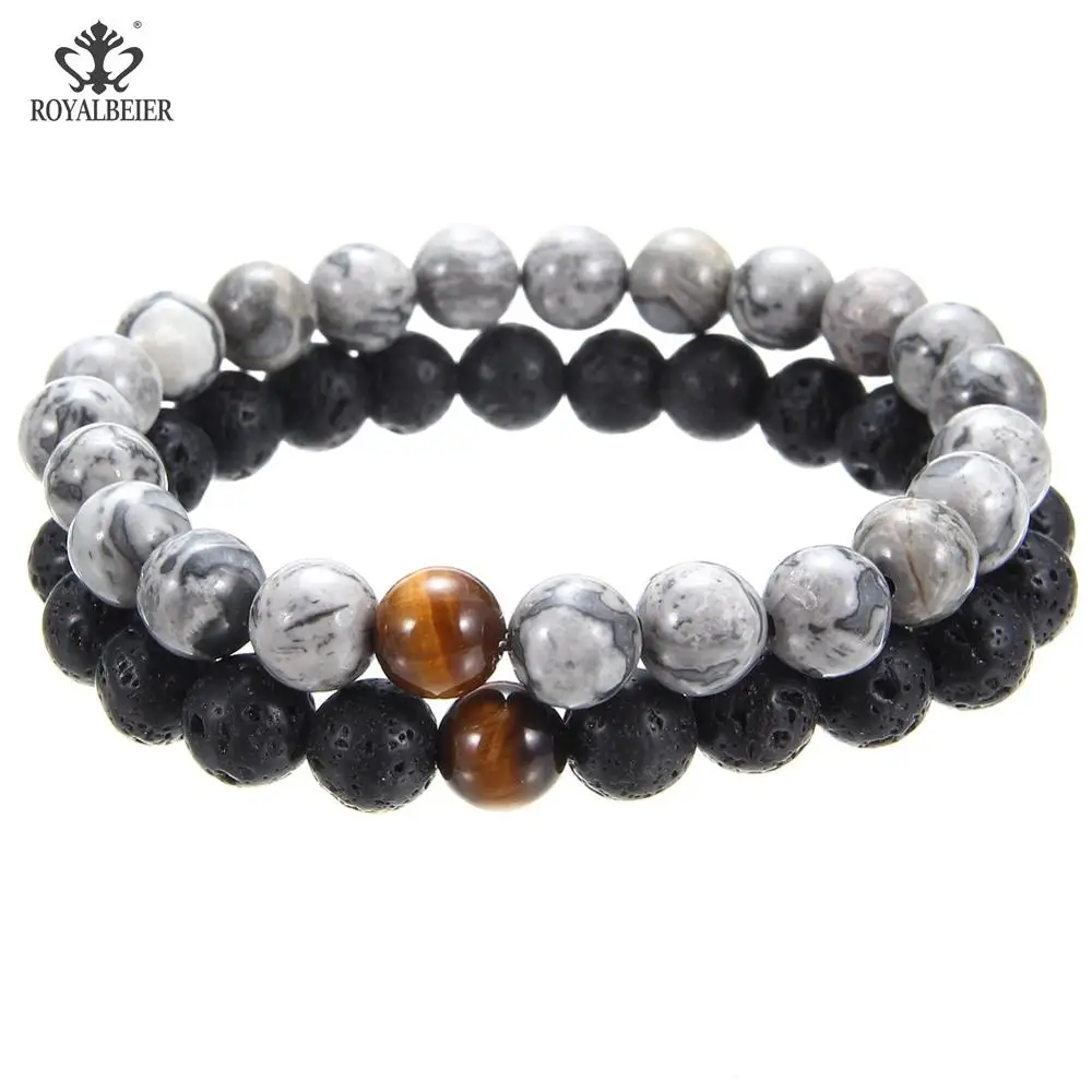 

Men And Women Fashion Jewelry Boutique Personality Bracelet Natural Stone Round Vintage Bead Chain 2pcs Beaded Set Rope Chain