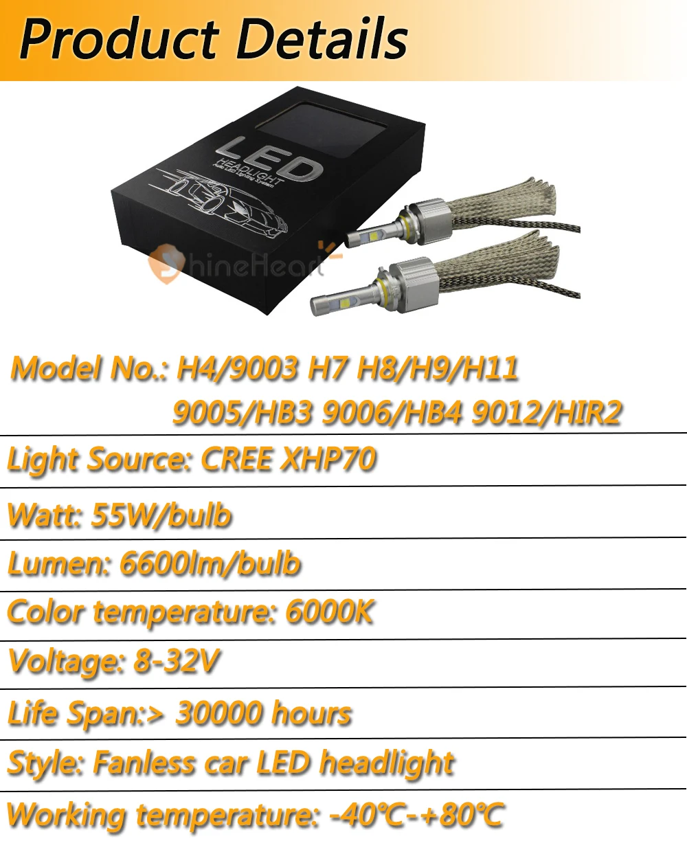 Безвентиляторный 110W 13200LM C-REE XHP70 H7 H9 H11 9005 HB3 9006 HB4 9012 HIR2 Автомобильный светодиодный налобный фонарь лампы H4 HI/короче спереди и длиннее сзади) моторного светильник