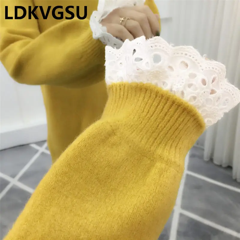 

2018 Autumn Winter Sweater Winter Turtleneck Long Sleeve Pullover Thick Warm Knit Sweaters Lace Edge Loose Spring Sweater Is1046