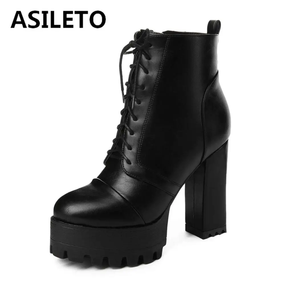 

ASILETO high platform ankle boots for women super high heels round toe booties cross tied zipper winter motorcycle riding botas