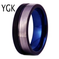 ygk brand jewelry 8mm silverblack brushed tungsten carbide wedding ring with one black stripe and blue color inside the ring