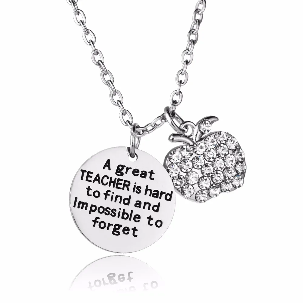 

12PC/Lot Teacher Jewelry Gifts A Great Teacher Is Hard To Find Crystal Apple Stainless Steel Pendants Teachers Necklaces Charms