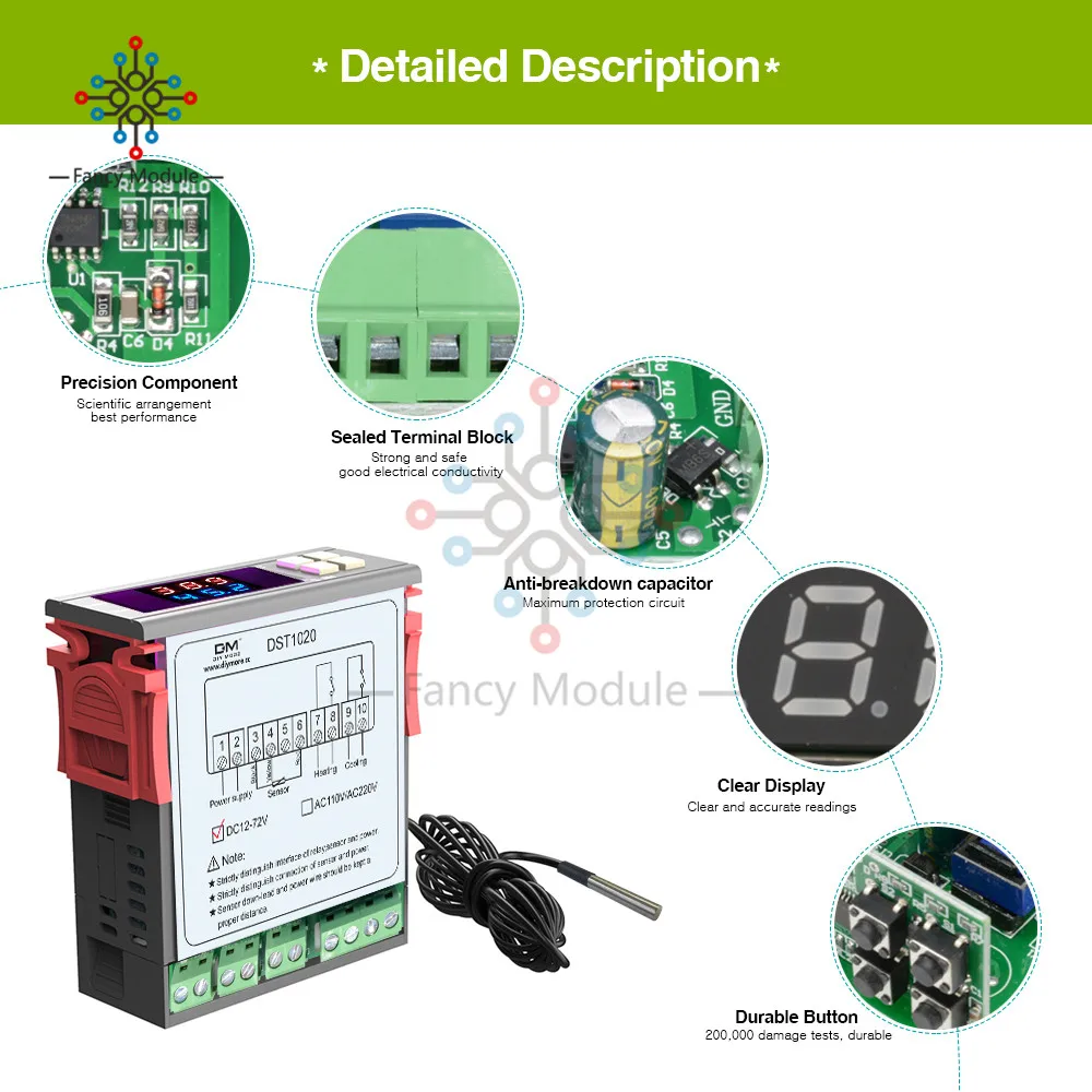 DST1020 DC12V 72 V двойной дисплей цифровой регулятор температуры контроль термостат
