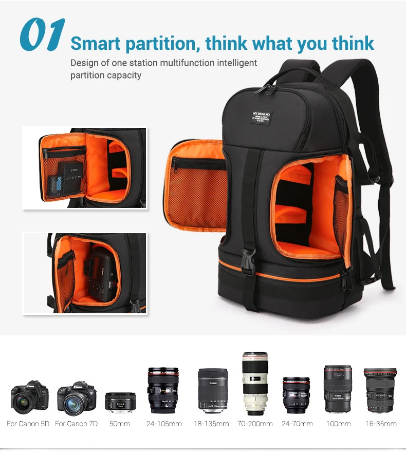 OBAFU DSLR Waterproof Shockproof Shoulders Camera Backpack Tripod Case Reflector Stripe fit Laptop Bag for Canon Nikon Sony